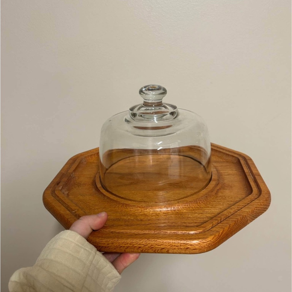 Vintage Vermillion Wooden Octagonal Cheese Board with Glass Dome